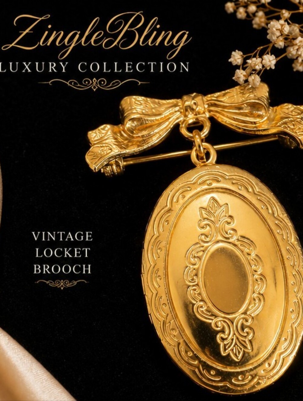 Vintage Gold Tone Locket Brooch Victorian Revival Bow Pin Oval Photo Locket